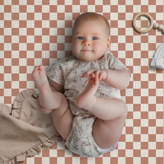 Blissful Diary Muslin Crib Sheets for Girl Boy, Boho Neutral Soft Cotton Baby Sheet for 52''x28'' Standard Crib Mattress, 2 Pack(Brown Checkboard & Brown)