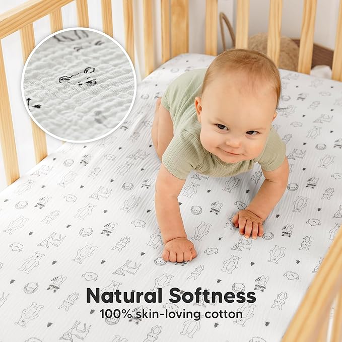KeaBabies 2-Pack Muslin Crib Sheets for Boys, Girls - 100% Organic Cotton Fitted Baby Crib Mattress Sheet, Soft Breathable Standard Toddler Bed Cover Bedding Set, Neutral, Durable 52x28 (Woodland)