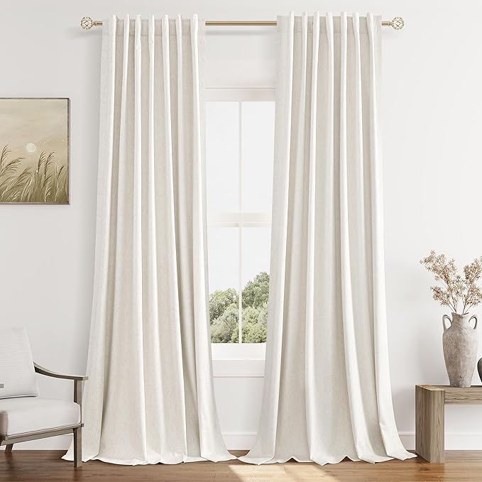 Guken 100% Blackout Curtains 108 Inch Length 2 Panels Set for Living Room Bedroom Back Tab Thermal Insulated Black Out Linen Drapes Room Darkening Window Curtains,Beige White
