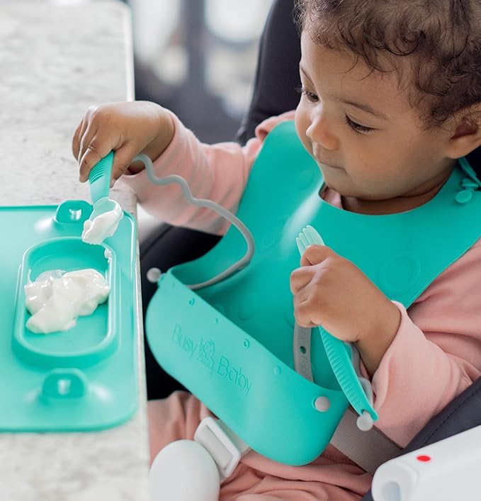 BUSY BABY Bungee Bib – Adjustable Silicone Bib with Pocket & Tether System for Mess-Free Meals with Babies & Toddlers