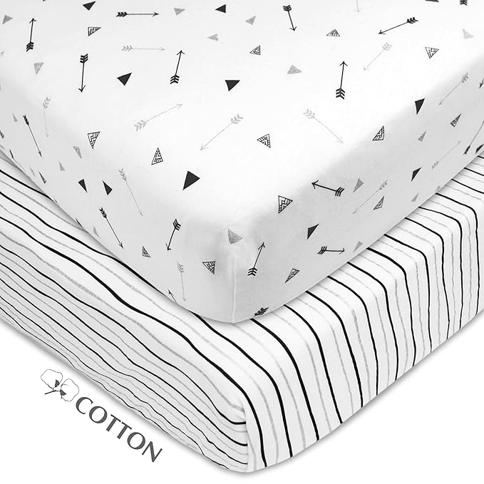 American Baby Company 2 Pack 100% Natural Cotton Fitted Crib Sheets 52" x 28" - Soft, Breathable, Hypoallergenic & Gentle Toddler Bed Sheets, Silver Black Arrow and Stripes, Neutral for Boys & Girls