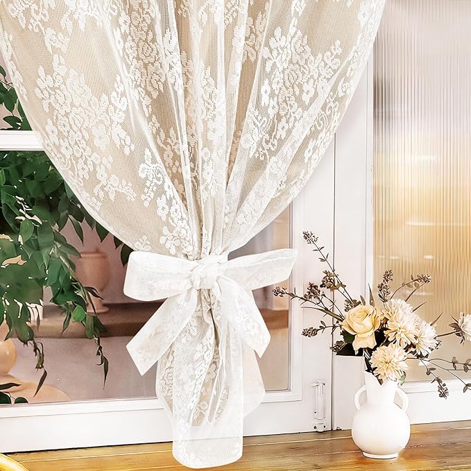 Yinhua Beige Kitchen Curtains 36 Inch Length Double Layer Blackout Cafe Curtains with Floral Sheer Overlay Rod Pocket Short Curtain for Windows, Small Window Curtain for Bathroom Living Room, 2 Panels