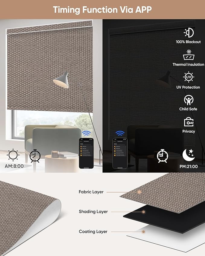 Kincmo Motorized Blinds with Remote,100% Blackout Motorized Roller Shades Work with Apple Homekit,Alexa,Google, Custom Electric Blinds with App,Voice Control (Groove Brown)