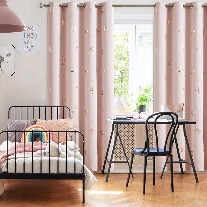 Jubilantex Metallic Butterfly Blackout Curtains 54" Long for Small Window Pink and Gold Print Butterfly Curtains Energy Saving Grommet Top for Bedroom Girls Room,52 W