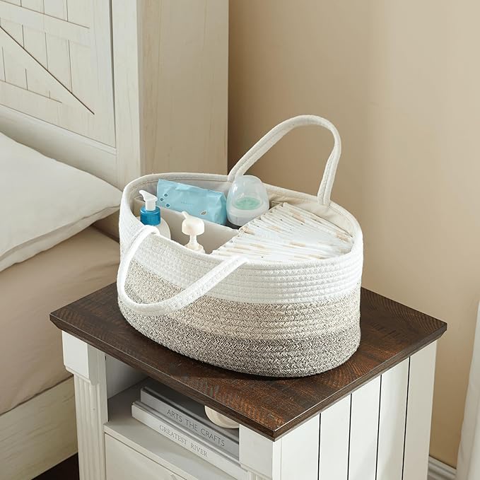 luxury little Diaper Caddy Organizer, Large Cotton Rope Nursery Baby Basket, Changing Table Organizer for Baby Diaper Storage, Portable Car Organizer Removable Divider (Gradient Brown, Large)