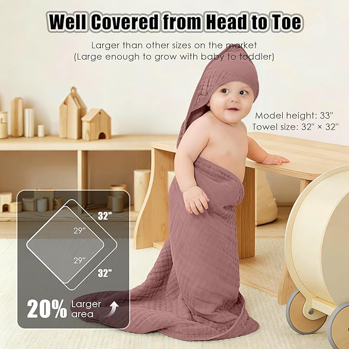 Sunny zzzZZ Muslin Hooded Baby Bath Towels - 3 Pack 100% Cotton Soft Low-Saturation Pastel Towels Including Classic White for Newborns, Infants, Toddlers - 32x32 Inch - Deep Bean Paste and White