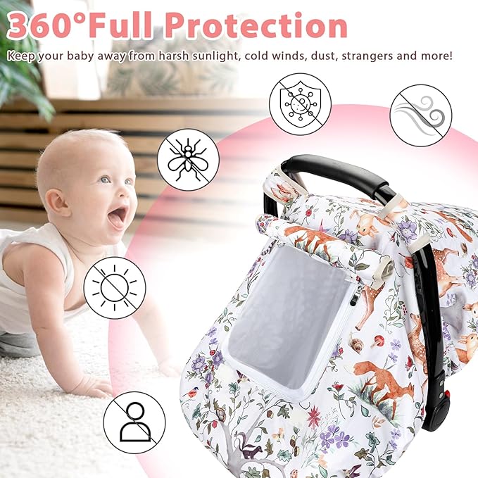 Baby Car Seat Cover, Minky Winter Infant Car Seat Cover with Windproof & Breathable Peep Window, Protects Baby from Wind & Sun (Woodland Animals)