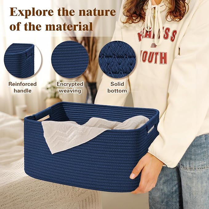 3 Pack Large Storage Basket for Organizing, 17.5"x13.5"x7.5" Woven Basket for Shelves, Closet Cube Storage Bins with Wrapped Handle, Cotton Rope Baskets for Kitchen, Clothes, Toys(Navy Blue)