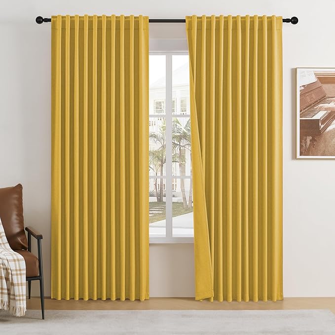 DUALIFE Gold Yellow Blackout Curtains 96 Inches Long for Living Room 2 Panels Set Boho Back Tab Hook Pleated Darkening Thermal Light Blocking Linen Curtains for Bedroom Door,W84 x L96 Inch