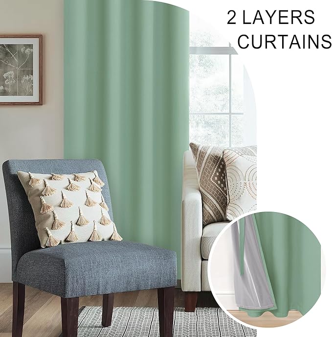 XWZO 100% Blackout Curtain Panels - Thermal Insulated Black Liner Curtains, Noise Reducing and Heat Blocking Drapes for Hall and Studio Windows with Tiebacks, Light Sage, W42 x L54, Set of 2