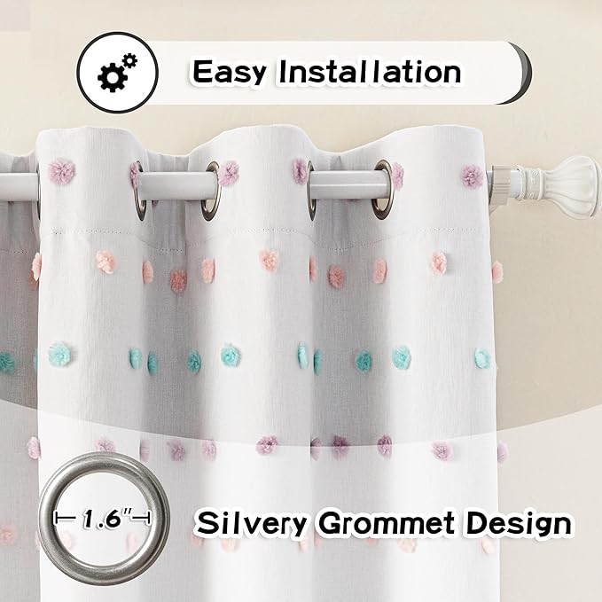MYSKY HOME 100% Blackout Curtains for Bedroom Total Light Blocking Curtains 90 Inch Long Room Darkening 2 Panels Grommet Double Layer Privacy Window Drapes with Rainbow Pom Pom Sheer 52" x 90"