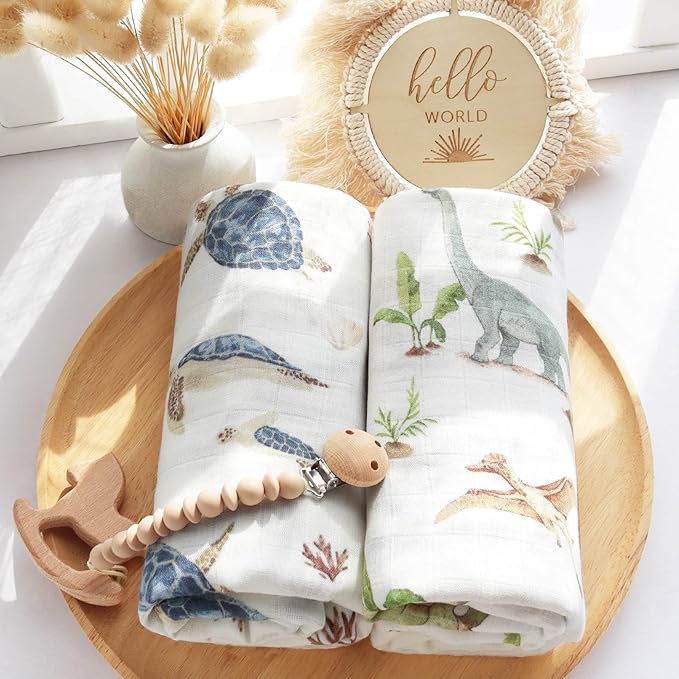 LifeTree Muslin Swaddle Blankets, Baby Swaddling Wrap Nursery Blanket for Boys & Girls, Soft 70% Viscose from Bamboo and 30% Cotton, Large 47 x 47 inches, Sea Turtle & Dinosaur