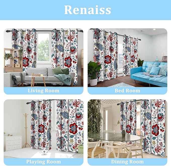 Renaiss Boho Floral Blackout Curtains, Bohemian Flower Plant Print Thermal Insulated Bedroom Window Curtains, Botanical Art Window Curtains for Kitchen, 55" L x 29" W 2 Panel Set