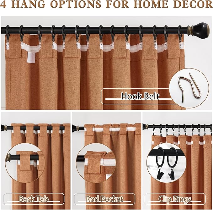 DUALIFE Terracotta Blackout Linen Long Curtain Drapes 120 Inch 2 Panels Set Back Tab Rod Pocket Burnt Orange Decor Window Curtain 120 Inches Long for High Living Room 10 FT Tall,Rust Color