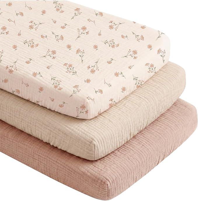 Niceye Muslin Baby Bassinet Sheets 3-Pack 100% Cotton (33" x 21") Bedside Sleeper Bassinet Fitted Sheets for Rectangle Mattresses, Unisex for Baby Girl/Boy（Pink）
