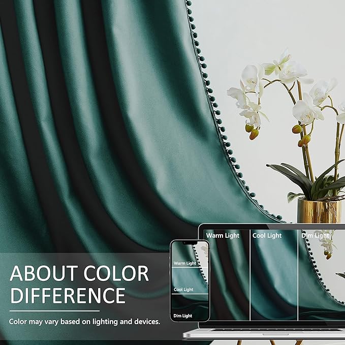 Treatmentex Green Blackout Curtains for Bedroom 90 inch Pom Pom Windows Drapes Cute Decorative Triple Weave Thermal Insulated Curtain Drapes for Nursery Room Studio Hotel 52" w x2 Panels Rod Pocket