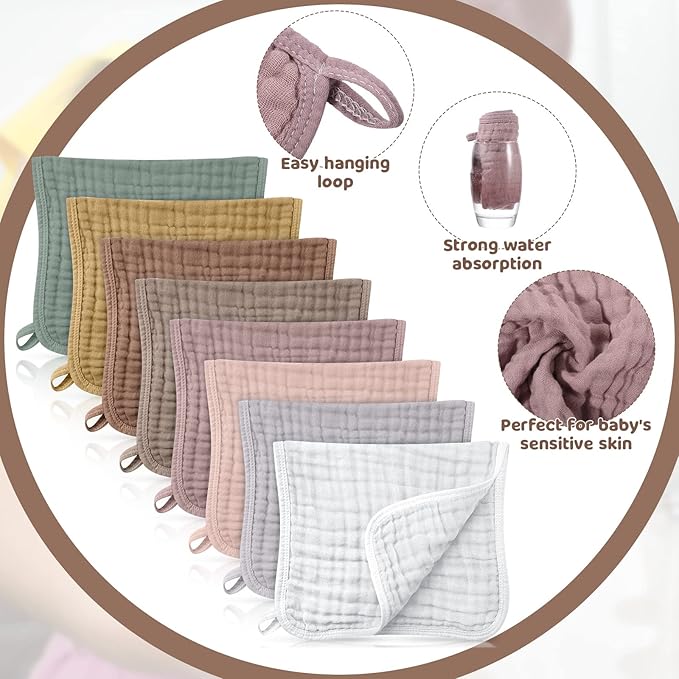 8 Packs Muslin Burp Cloths Large 20" x 10", 6 Layers Unisex Baby Absorbent 100% Cotton Burp Rags Colorful Muslin Washcloths for Baby Plain Soft Cotton Cloth for Babies Girls Boys(Pleasing Colors)