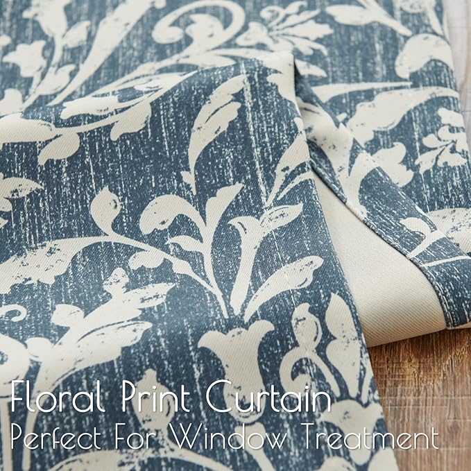 jinchan 80% Blackout Curtains for Living Room, Farmhouse Drapes with Scroll Floral Patterned for Bedroom, Grommet Top Thermal Insulated Curtains, Vintage Country Drapes 90 inch Length 2 Panels Blue