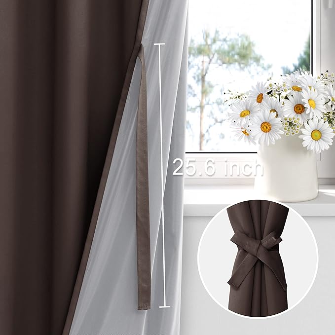 XWZO 100% Blackout Curtains with Tiebacks- Heat and Full Light Blocking Window Panels with Grommets & Thermal Insulated Draperies for Large Window, Brown, W70 x L84, Set of 2