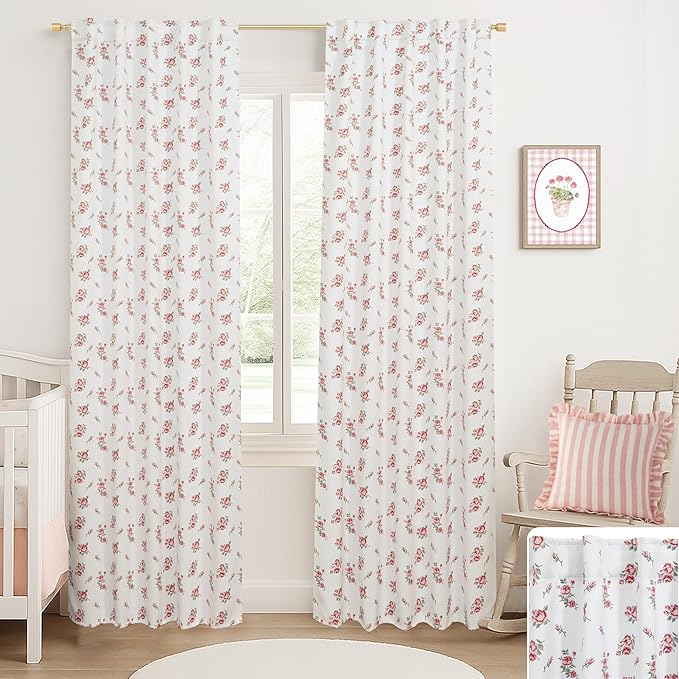 Pink Cute Floral Blackout Curtains for Nursery Girls Bedroom,Vintage Shabby Chic Light Pink White Green Boho Cottage Core Curtains for Kids Teen Coquette Room Decor 84 Inch Long 2 Panels