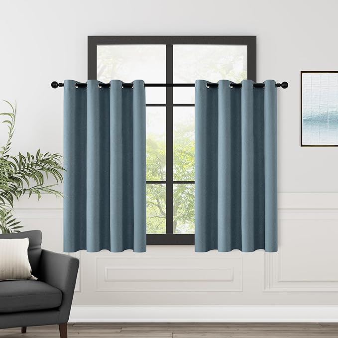 ChrisDowa 100% Blackout Blue Solid Curtains 54 Inches Long 2 Panels for Bedroom Living Room,Farmhouse Room Darkening Thermal Insulated Soundproof Grommet Top Window Treatment Drapes,52x54