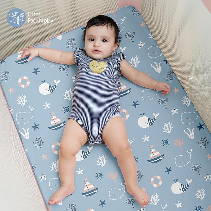 Baby Mini Crib Sheets Boy, Portable 38”x26” Pack and Play Sheets Fitted for Playard and Pack N Play Mattress, 3-Pack Soft Microfiber Blue Ocean Whale