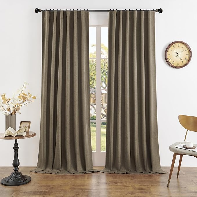 DUALIFE Extra Long Room Darkening Curtains Rod Pocket/Back Tab 120 Inches Long,Faux Linen Textured Blackout Privacy Draperies 52x120 Inch 2 Panels?Cocoa Brown