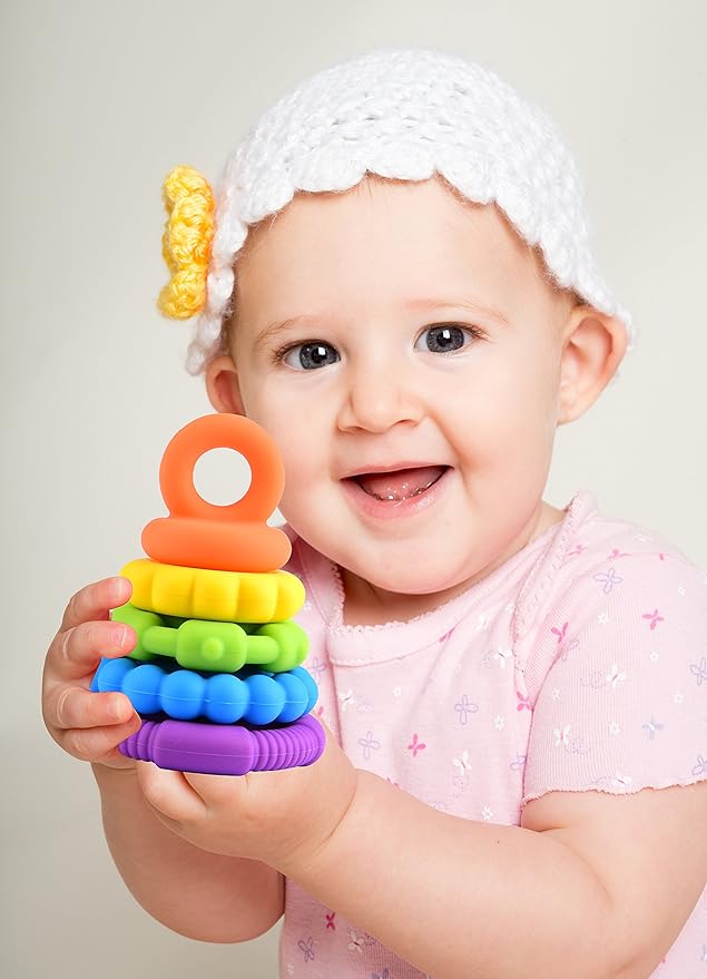 Stacking Baby Teether Toy - Sensory Silicone Teething Rings for Babies – Promote Motor Skills-Premium Food Grade Silicone Rainbow Colors - BPA Free