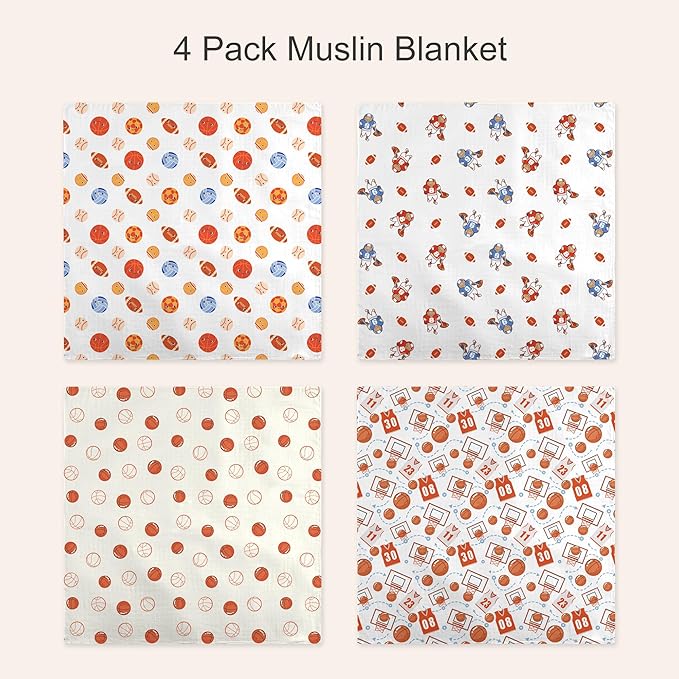 70% Rayon Made from Bamboo 30% Cotton Muslin Swaddle Blanket, 47 x 47 Inches, Basketball Print Baby Receiving Blanket, Soft and Breathable, Unisex, 4 Pack