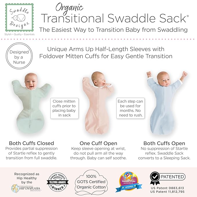 SwaddleDesigns Organic Transitional Swaddle Sack, Arms Up Swaddle with Half-Length Sleeves & Mitten Cuffs, Medium, 3-6 Months, 14-21 lbs, Watercolor Peach Blush Poppies
