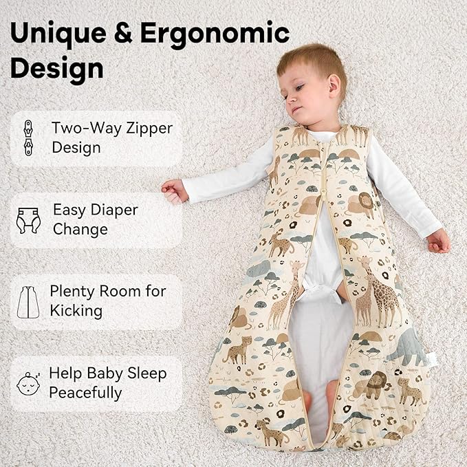 Unnivoll Baby Sleep Sack 0-6 Months 1.5 Tog Baby Wearable Blanket 100% Cotton Fabric Warm Sleeping sack with 2-Way Zipper Quilted for Infant Newborn Tog Apricot Elephant