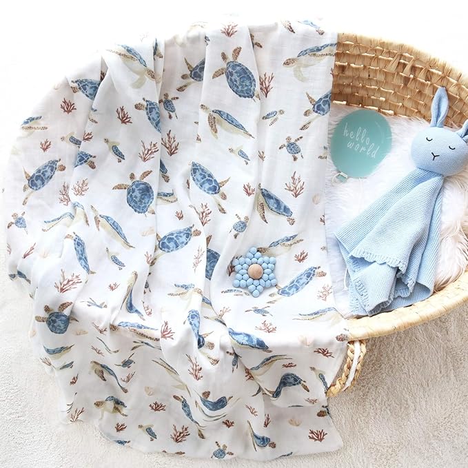 LifeTree Muslin Swaddle Blankets, Baby Swaddling Wrap Nursery Blanket for Boys & Girls, Soft 70% Viscose from Bamboo and 30% Cotton, Large 47 x 47 inches, Sea Turtle & Dinosaur