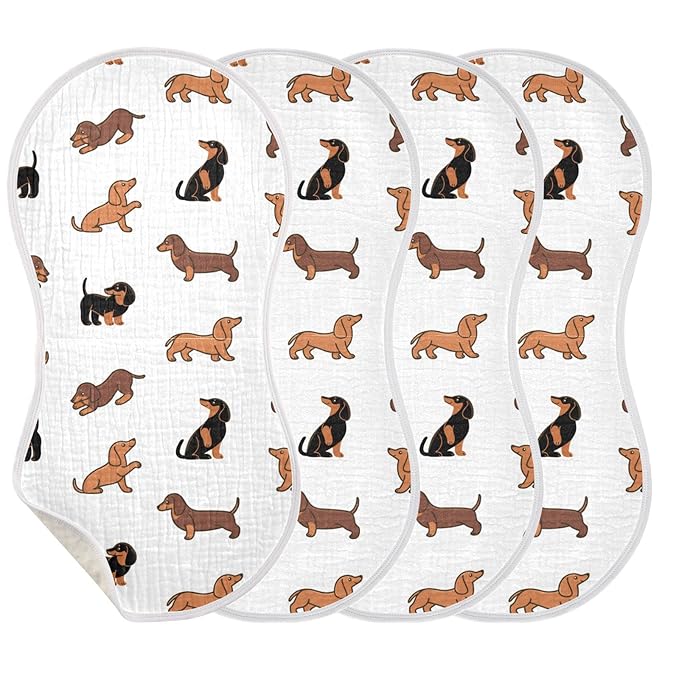 WELLDAY Muslin Baby Burp Cloths Set of 4, Soft Absorbent Cute Dogs Dachshunds Muslin Washcloths, Bibs, Face Towel for Newborn Boys Girls, 22 x 11 Inch