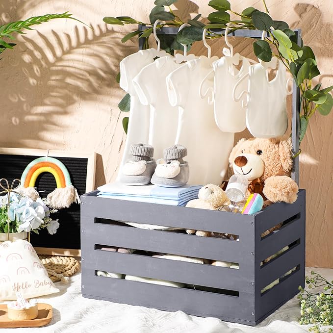Barydat Wooden Baby Shower Crate Closet, Baby Basket with Handle, Personalized Basket Gifts, Easy Assembly Baskets for Newborn Boy Girl Welcome Gift for New Mom Parents(Gray)