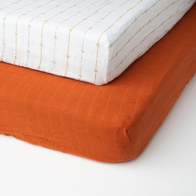 Salt Earth 100% Organic Cotton Muslin Standard Fitted Crib Sheet, 52"x28", 2 Pack Soft Breathable Natural Cotton Sheets Baby Mattress Bed Sheets, No Slip Neutral Baby Crib Sheet (Rust & Gold Star)