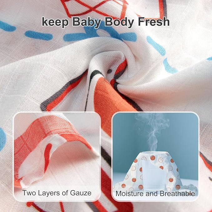 70% Rayon Made from Bamboo 30% Cotton Muslin Swaddle Blanket, 47 x 47 Inches, Basketball Print Baby Receiving Blanket, Soft and Breathable, Unisex, 2 Pack