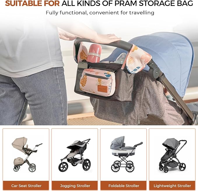 Stroller Organizer with Cup Holder Detachable Wristlet Large Capacity Baby Stroller Bag for Mom, Fits Uppababy, Baby Jogger, Britax, BOB, More (Garden)