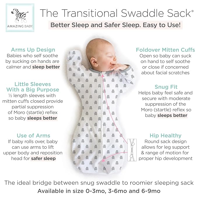 Amazing Baby Transitional Swaddle Sack, Arms Up Half-Length Sleeves & Mitten Cuffs, Swaddle for Newborn Transition to Baby Sleep Sack Wearable Blanket, Small, 0-3 month, 6-14 lb, Sterling Tiny Bear