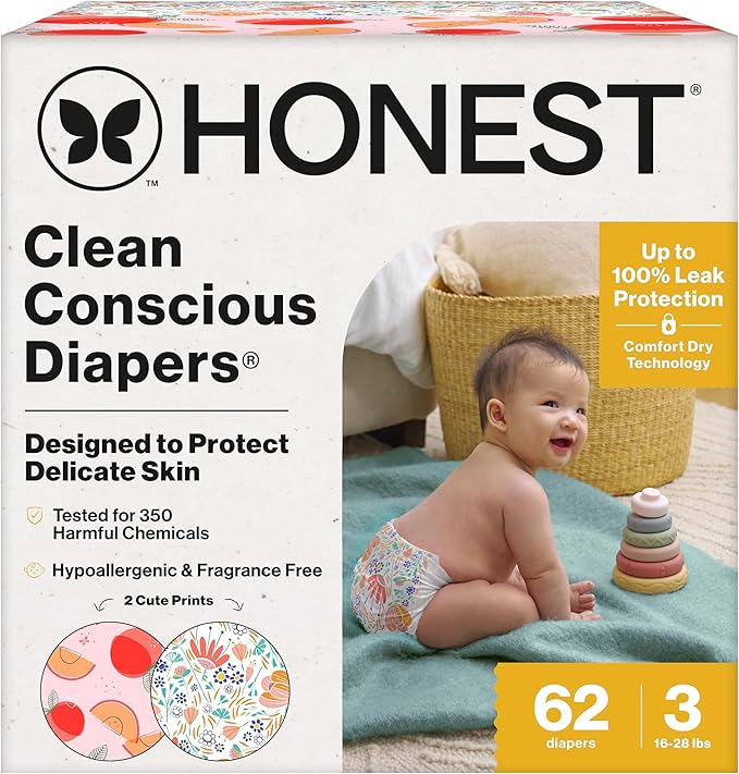 The Honest Company Comfort Dry Disposable Diapers for Sensitive Skin, Hypoallergenic, Fragrance-Free, Just Peachy + Flower Power, Club Box, Size 3 (16-28 lbs), 62 Count