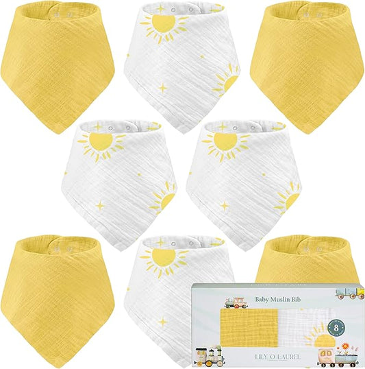LILY O LAUREL Muslin Baby bibs for drooling and teething, 100% cotton, Bibs for baby girl, Muslin bibs for boys (8 Pack)