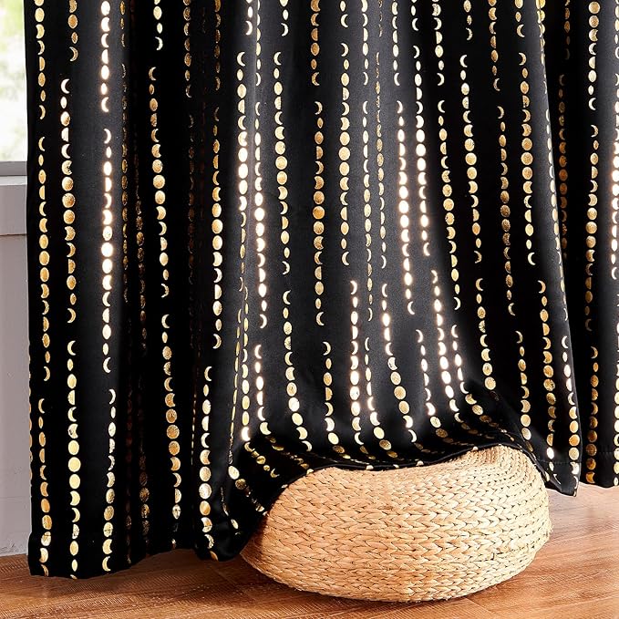 jinchan 95% Blackout Curtains 84 Inch Long for Bedroom Boho Curtains Moon Phases Printed Golden on Black Drapes Rod Pocket Back Tab Darkening Retro Bedroom Pattern Curtains 2 Panels