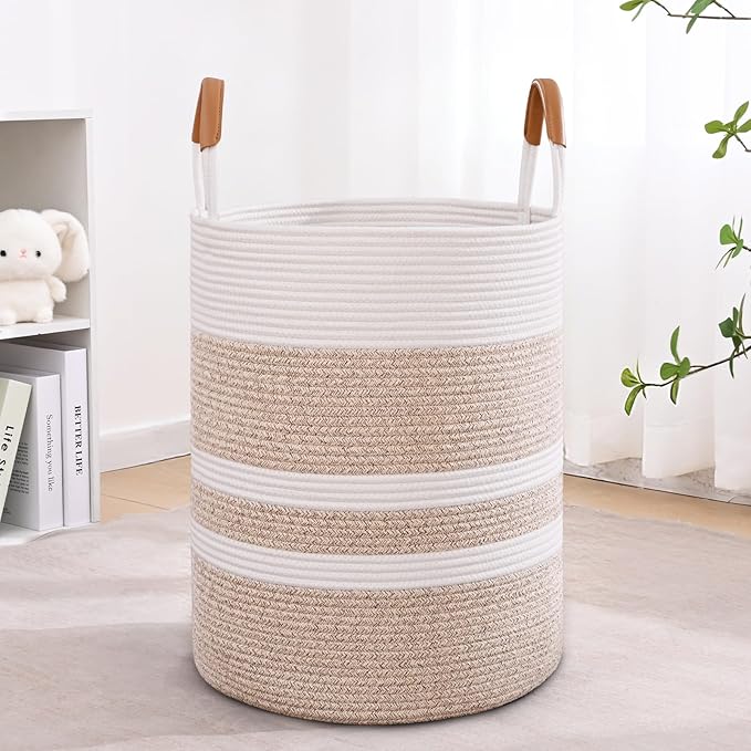 75L Striped Laundry Basket, Brown Laundry Hamper with Leather Handles, Woven Cotton Rope Storage Bin for Blankets, Nursery Hamper for Clothes, Toys In Bathroom, Livingroom, Bedroom
