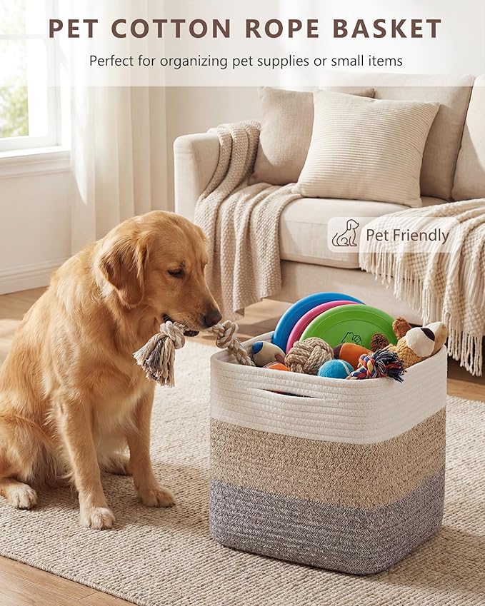 Cube Storage Bin 11" x 10.5" x 10.5" Cotton Rope Basket Square Woven Storage Basket for Shelves, Closet Organizer, Soft Towel Sock Basket, Gradient/White Brown, 1 Pack