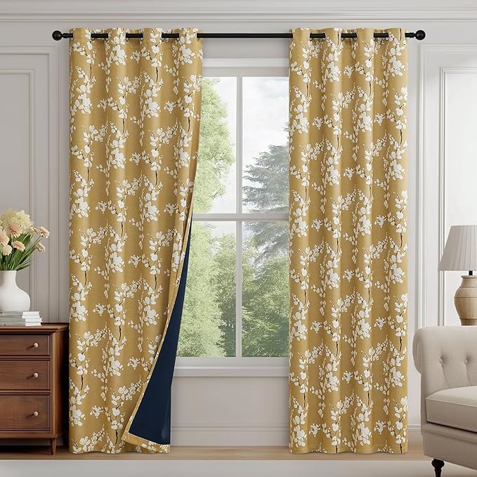 FMFUNCTEX 100% Blackout Floral Curtains for Living Room, Mustard Yellow Curtain 96 inches Long Blossom Patterned for Bedroom, Thermal Insulated Farmhouse Drapes, Grommet Top 2 Panels (White on Yellow)