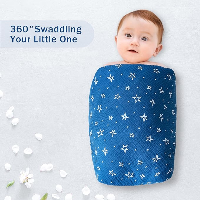 3-Pack 100% Cotton Muslin Swaddle Blankets, Large 47 x 47 Inches — Breathable Soft Receiving Blankets for Newborns, Swaddling Wraps, Registry Gift (Bold Blue Mix)