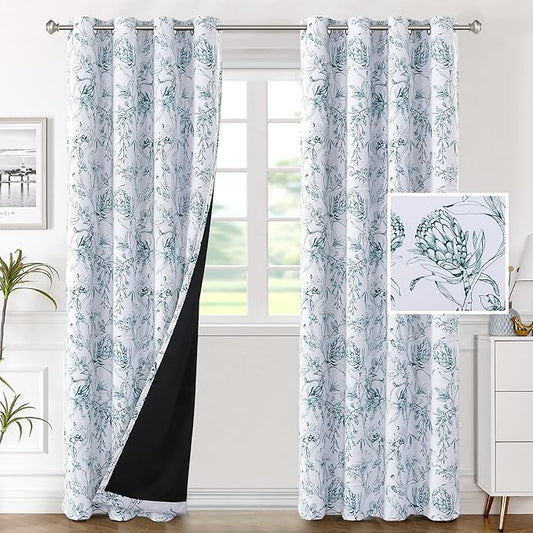 H.VERSAILTEX 100% Blackout Curtains for Living Room Camellia Floral Blackout Curtains 84 Inches Long Light Blocking Window Treatment Curtains with Black Liner Grommet Thermal Drapes, 2 Panels, Teal