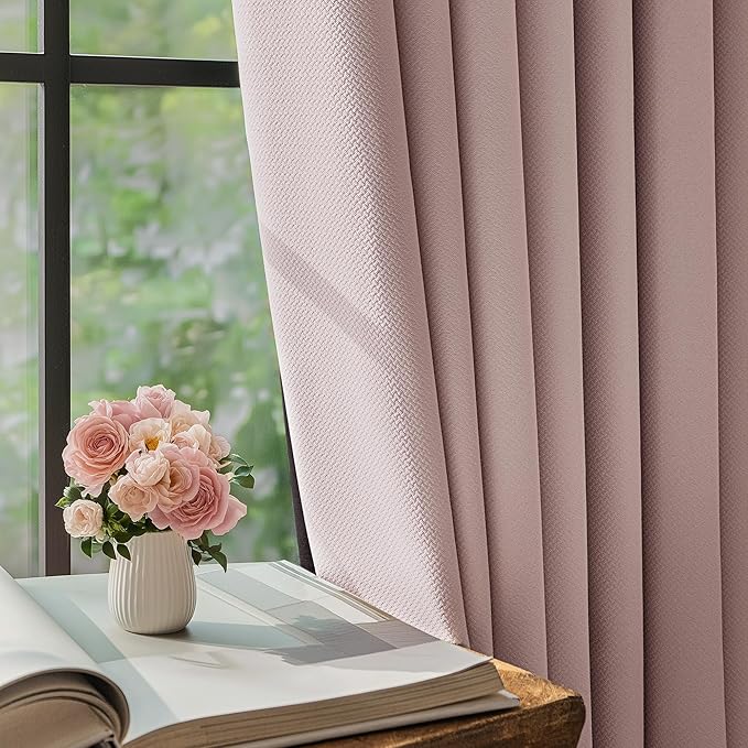 FMFUNCTEX 100% Blackout Curtains for Bedroom, Blush Pink Curtains 72 Inches Long Textured Thermal Insulated Curtains for Living Room Drapes, Black Out Drapery Grommet Room Darkening 2 Panels