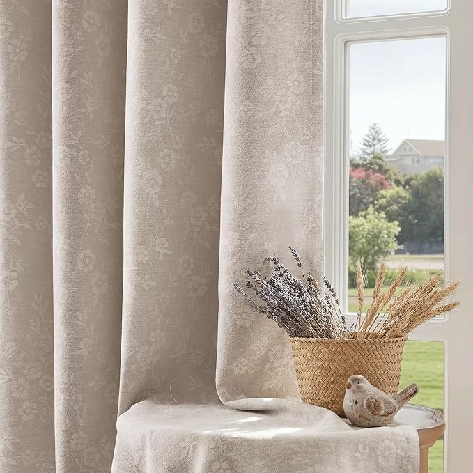 Beauoop Beige Floral Jacquard Blackout Curtains 63 Inches Long 2 Panels for Living Room Bedroom Chenille Flower Room Darkening Thermal Insulated Soundproof Grommet Window Drapes, 52x63 Set of 2