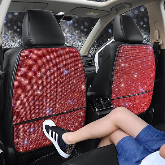 Luxury Bling Car Seat Back Protectors with Pockets – Sparkling Rhinestone Kick Mats, Universal Fit PU Leather Back Seat Covers for SUV Leather Seats, Diamond Protectors for Girls Red 2pcs