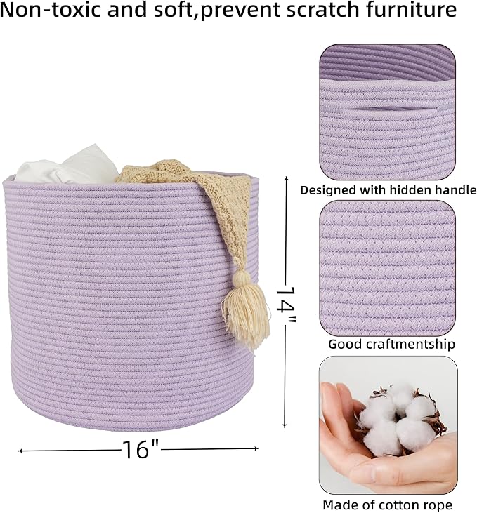 Cotton Rope Basket For Girls Boys Kids 16”X14” Baby Laundry Basket Nursery Bin Round Woven Baskets Organizer For Storage Toys Blankets Shoes Clothes purple